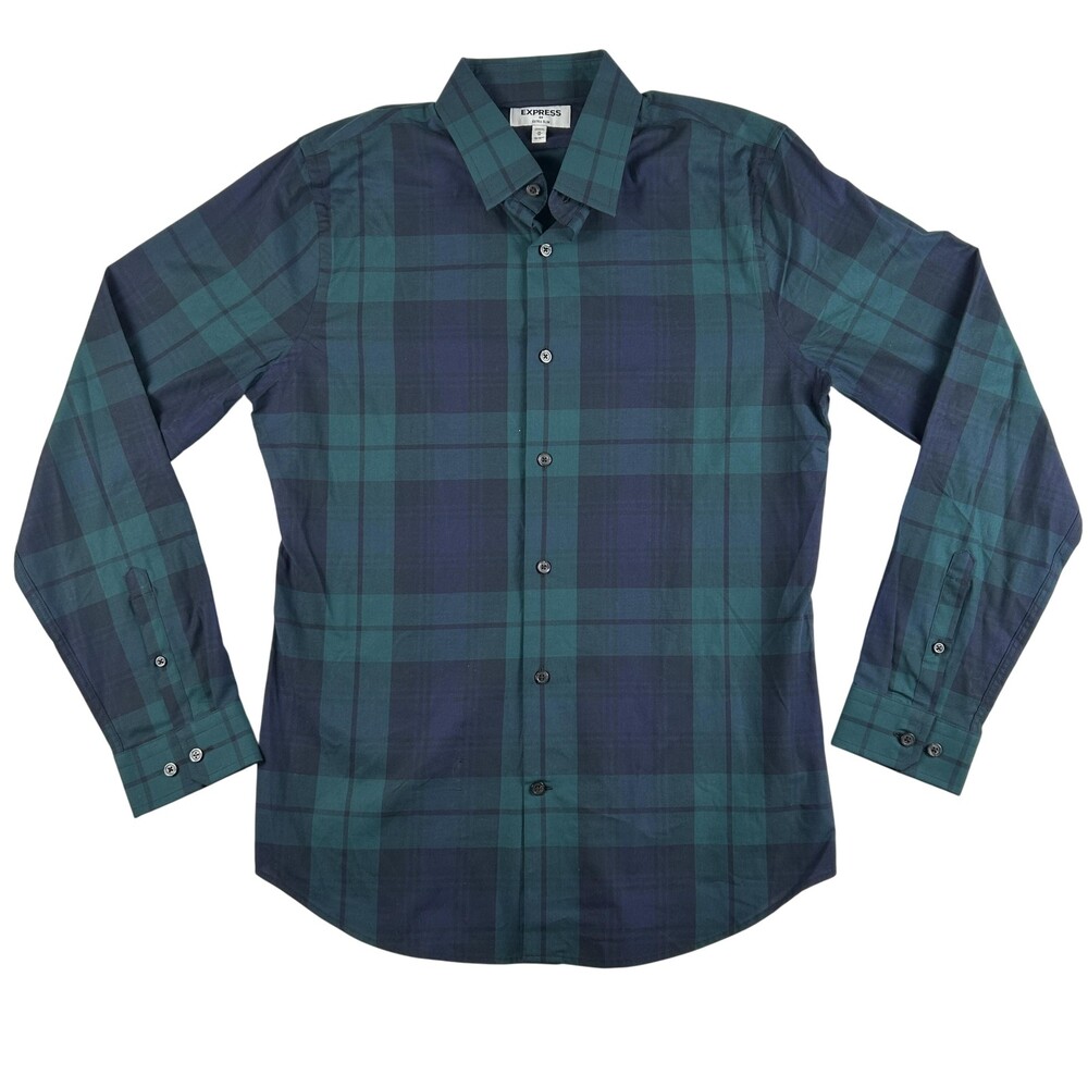 Express Dress Shirt Mens 15-15.5 Green Plaid Extra Slim Long Sleeve Button Front